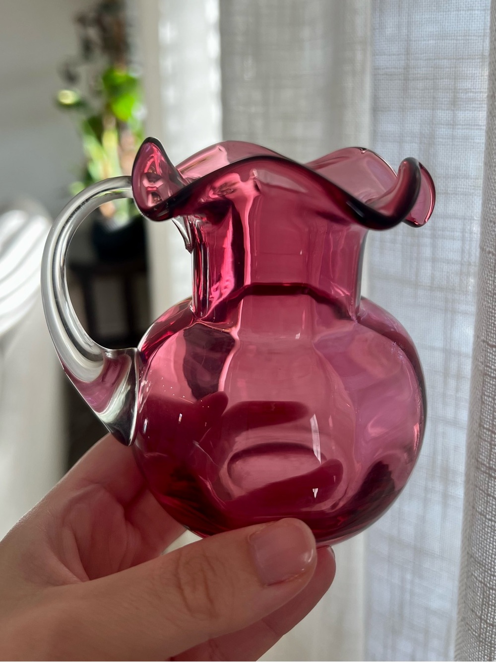 Vintage Cranberry Ruffled Glass Pitcher